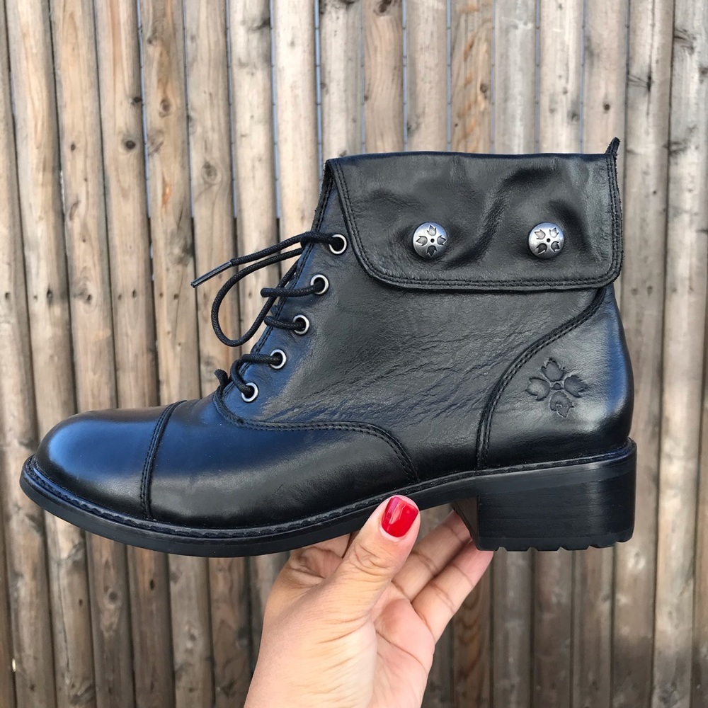 Patricia Nash Black Leather Ankle Booties with Lace-Up Design